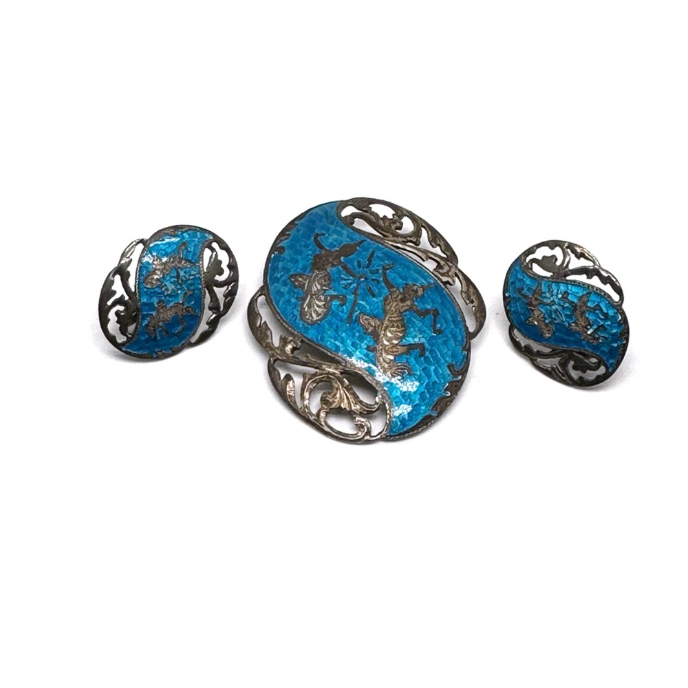 Vintage Siam Silver and Blue Enamel Brooch Earring Set Thai God and Goddess - Picture 2 of 13